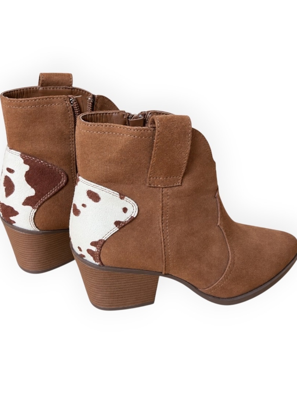 Sugar Torch Cow Print Western Ankle Boots Brown Suede Wide Width 9.5 W